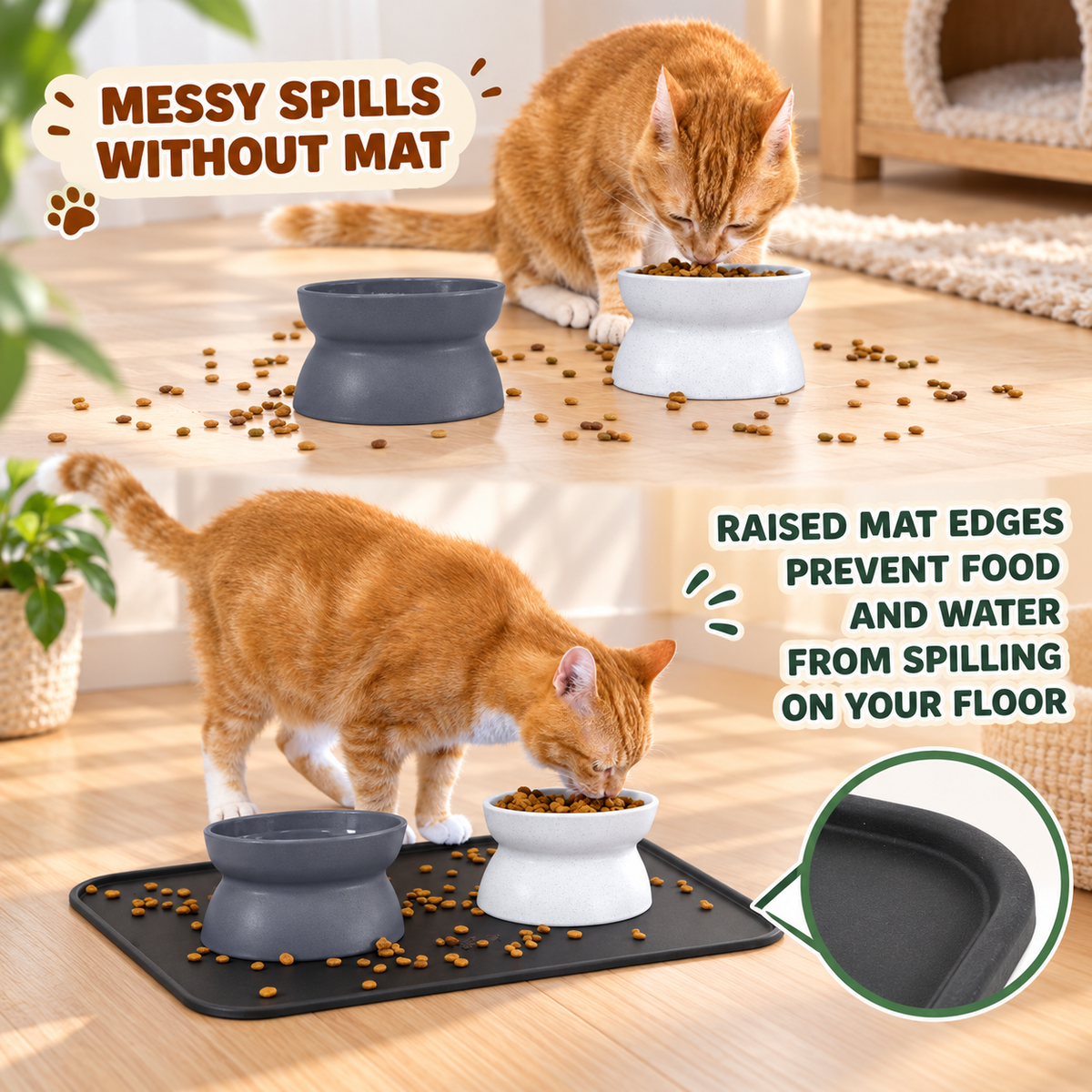 Elevated Cat Bowls with Non-Skid Mat